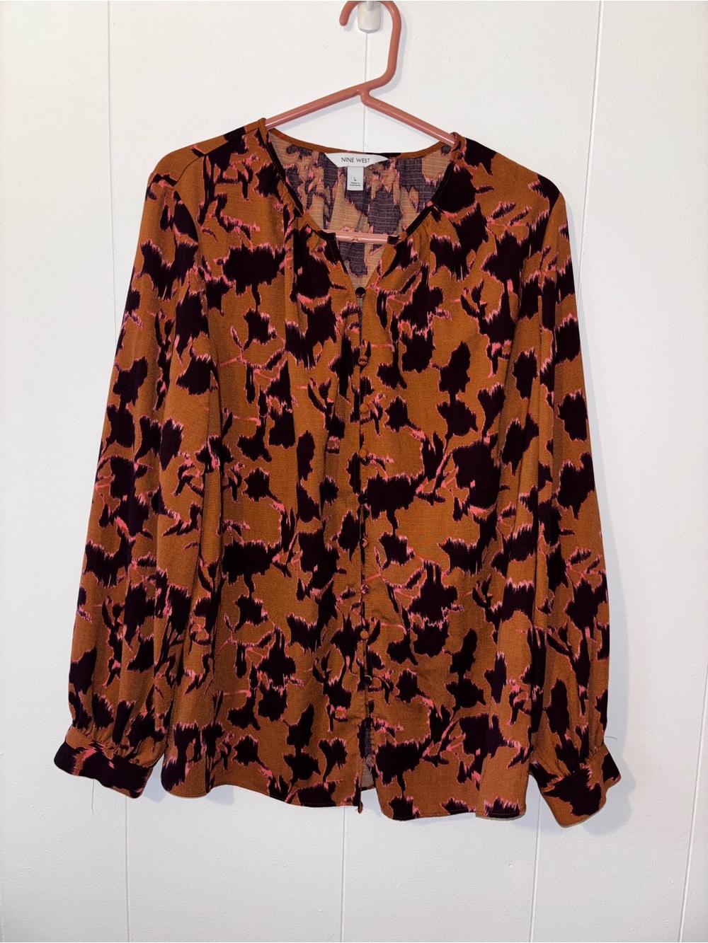 Nine West Rust Brown Abstract Print Blouse with Dark Purple & Pink Pattern